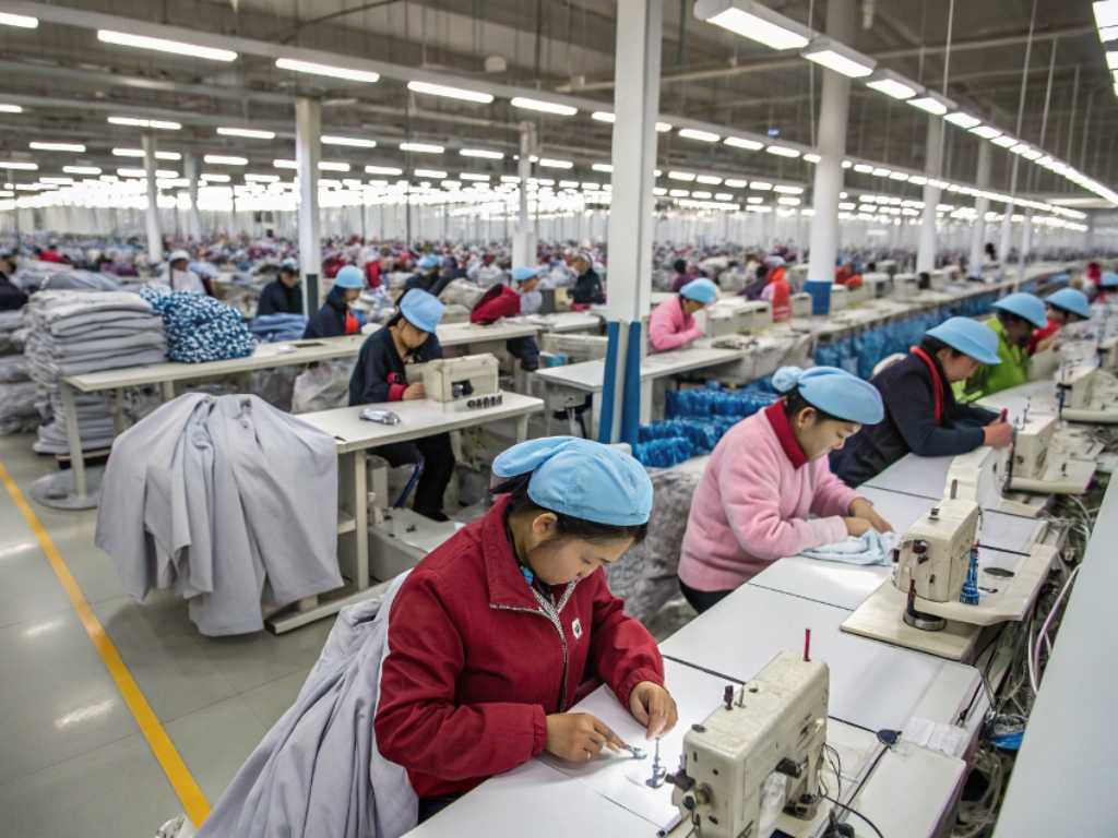 Workers sewing garments in a large textile factory production line.
