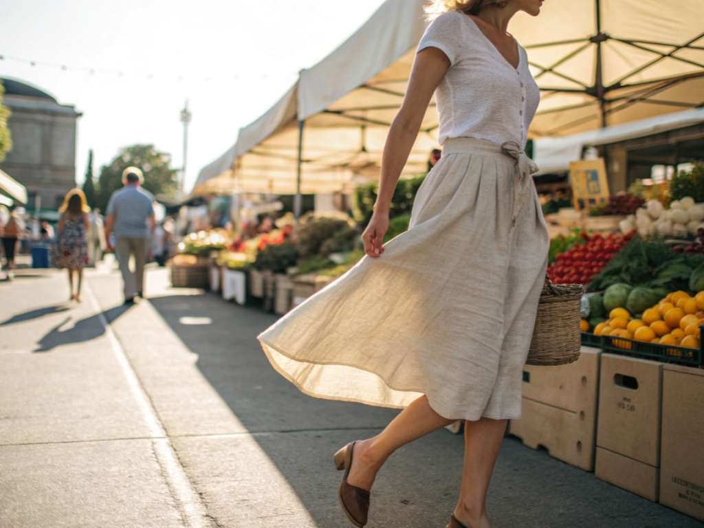 Woman in beige linen skirt walking through outdoor farmers market.