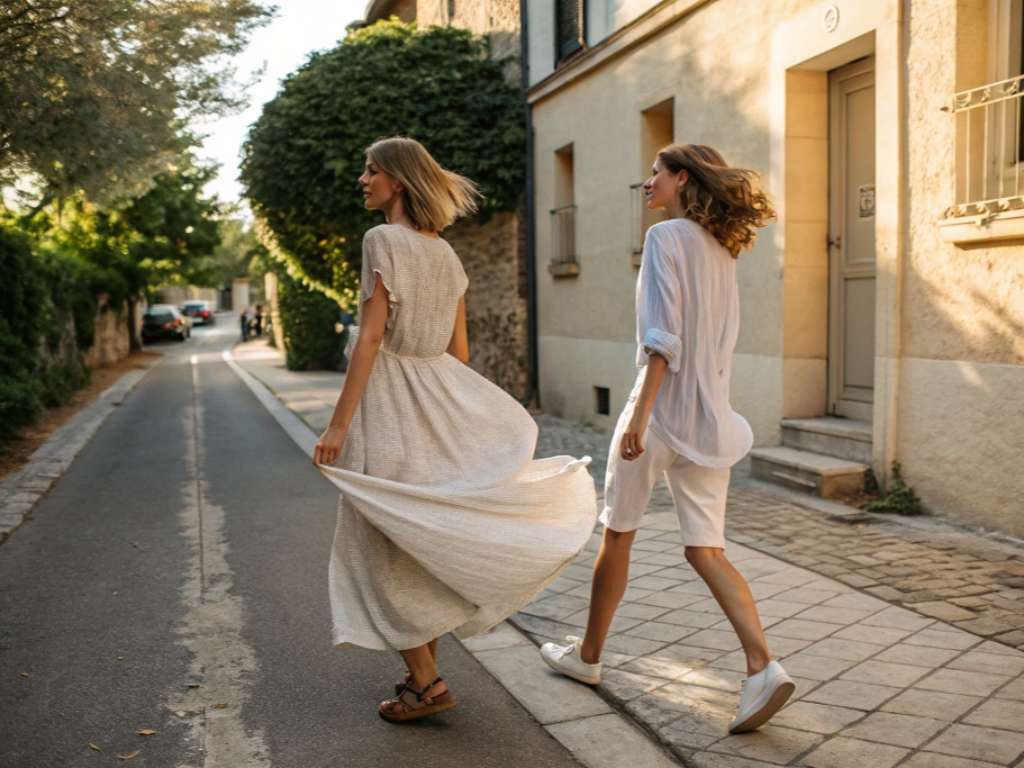 Two women walking down sunlit street in casual summer outfits.