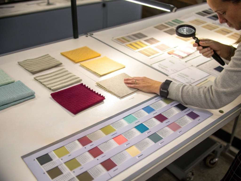 Designer reviewing fabric textures and swatches.