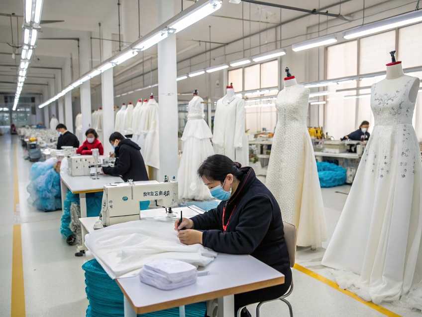 Workers sewing and making white wedding dresses in a factory.