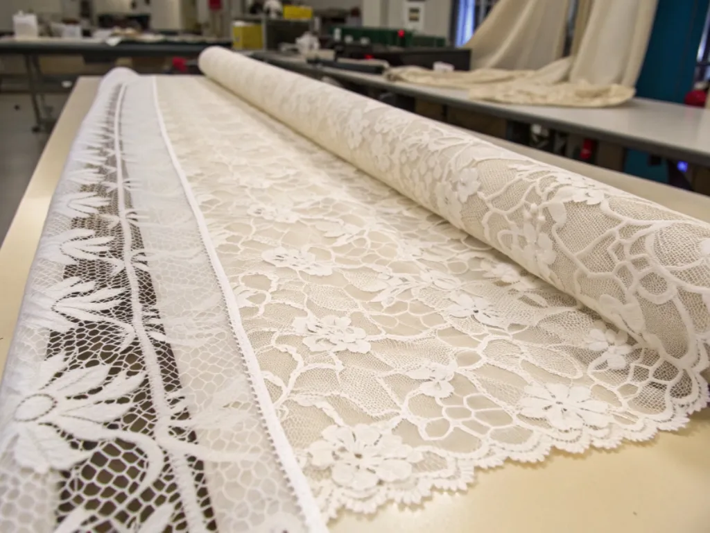 White lace fabric with floral patterns rolled on cutting table.