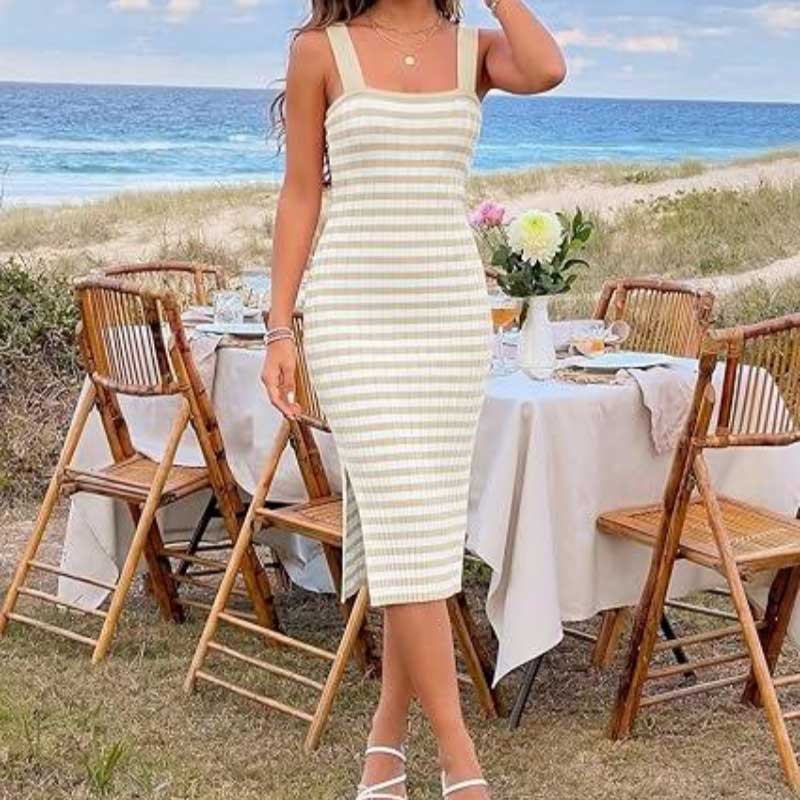 10.Striped Knit Bodycon Midi Dress
