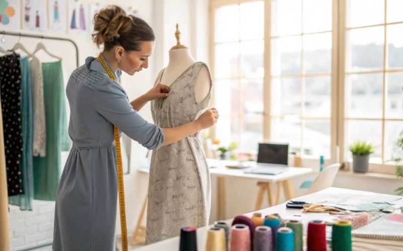 Woman tailoring a patterned dress on a mannequin in a creative workspace.