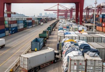 Cargo containers and fabric-loaded trucks at a busy shipping port.